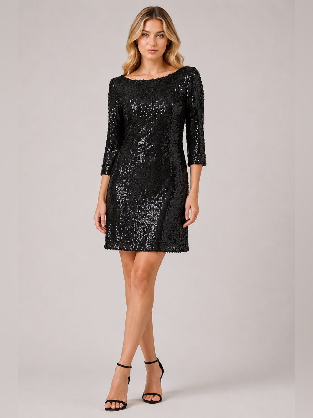 Jessica Simpson Black Sequin Cowl Back Dress Sz 6 Shimmer Mini Boatneck 3/4 New